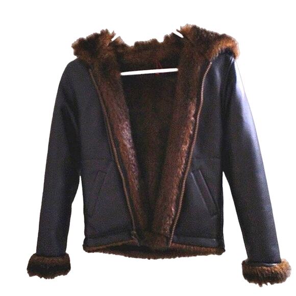 REVERSIBLE Jacket Faux Fur GIRLS Size 7 BROWN Bomber Coat Hooded Faux Leather - Picture 2 of 10